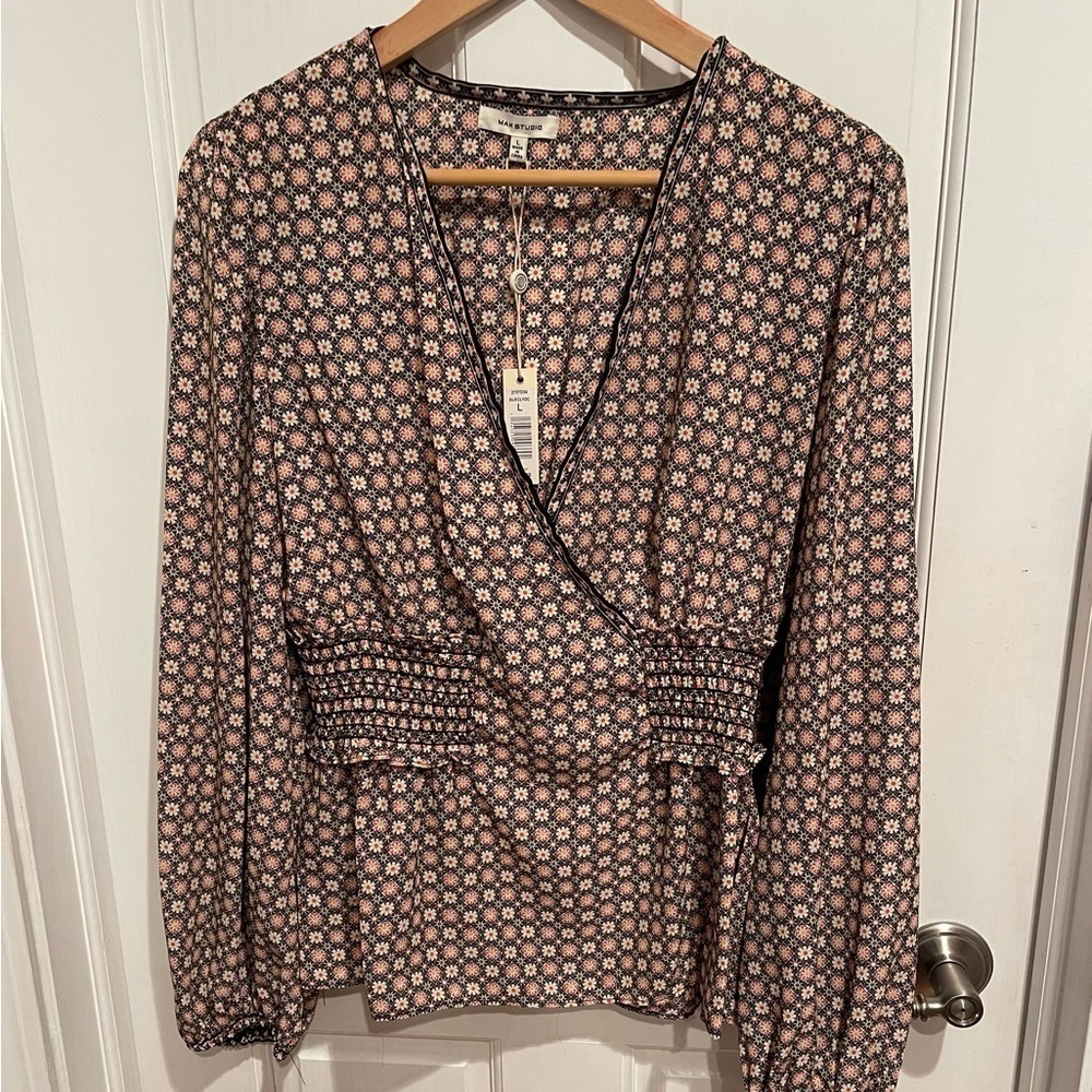 Max Studio Black and Cream Smocked Wrap Blouse with Long Puffy Sleeves. NWT